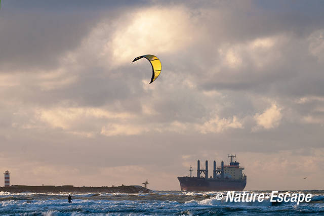 Vrachtschip, bij binnenvaren bij Noordpier, kitesurfer, Velsen-Noord 1 020112